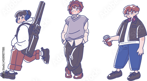 ヘッドホンをした男の子のイラストセット