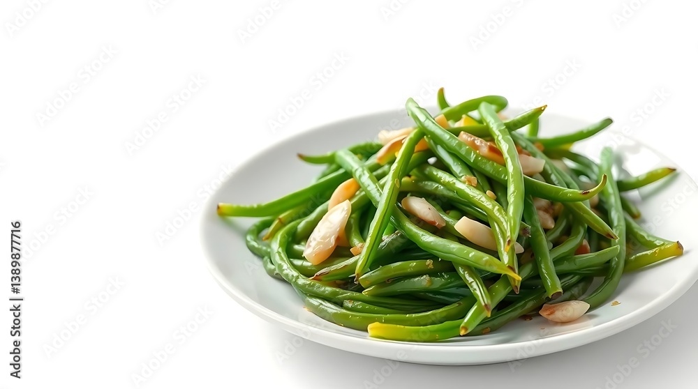 Fresh Green Beans with Toasted Garlic Slices on a White Plate Fresh Green Beans with Toasted Garlic Slices on a White Plate