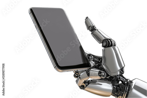 3D Illustration Of Robot Hand Holding Smartphone On Isolated Background