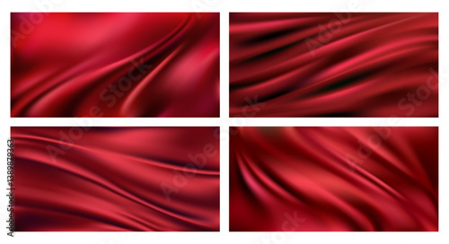Crumpled elegant red velvet, satin or silk textile cloth. Vector realistic background texture, luxurious material of curtain or drapes, draperies surface with waves. Tissue or handkerchief
