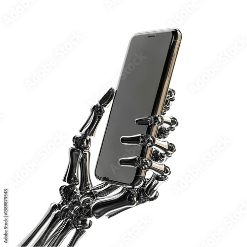 A 3D Illustration Of Skeleton Hand Holding Black Phone Isolated