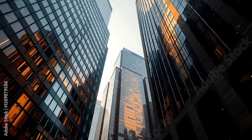 Wallpaper Mural Skyward Gaze: A dramatic, upward perspective of modern, sun-kissed skyscrapers showcasing intricate architectural details and reflective glass facades. Torontodigital.ca