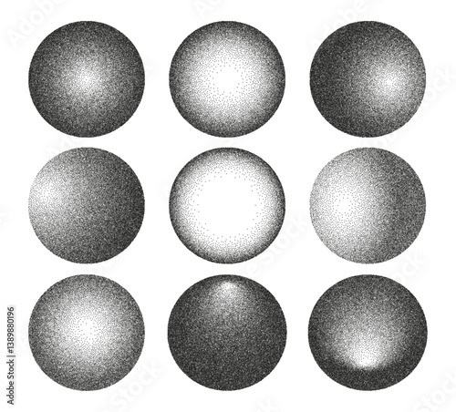 Dotwork spheres, isolated set of circles with sand grain effect. Vector gradient monochrome noise stipple dots. Grunge round elements, circular shapes with radial transition. Graphic design and art