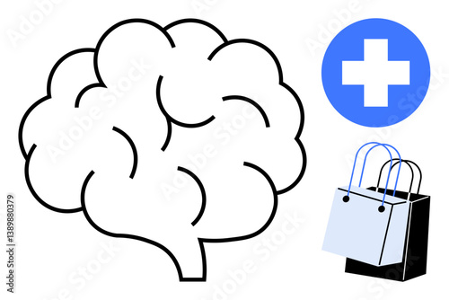 Large brain outline with medical cross symbol and shopping bags. Ideal for mental health, medical services, healthcare industry, consumer behavior, decision-making, cognitive science, retail therapy