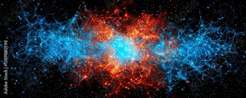 A vibrant cosmic scene featuring intertwining blue and red energy patterns against a dark starry background, evoking a sense of dynamism and connection.