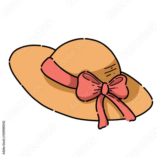 A bright straw garden hat with a pink bow. Vector illustration in cartoon style. Gardening clothes, spring planting of crops. Isolated on a white background.