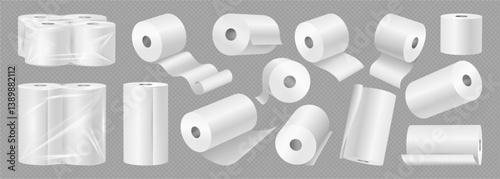 Unwrapped toilet papers in plastic packets set. Vector realistic cylindrical rolls of restroom tissue for personal hygiene in bathroom or kitchen. Cleaning or drying hands and surfaces