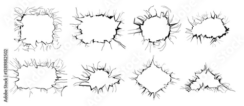 Geometric frames with broken glass effect with fractures. Vector isolated set of shattered crystalline surfaces in grunge style. Rectangles and squares, triangles and rhombus, circles and ovals