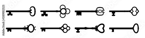 Classic victorian style keys set with curved handle and aged weathered finish. Vector realistic vintage tools and instruments for home, items for opening doors. Luxurious room passkeys silhouettes