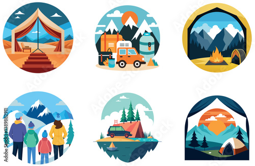 Camping Bundle. Smiling Tourist Family Lake Collection Stickers