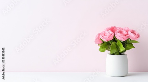 A white vase holding a bouquet of pink roses with green leaves on a white surface against a soft pink wall, and minimalist floral arrangement concept.