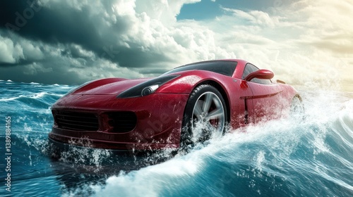 A red sports car moving through turbulent ocean water is shown