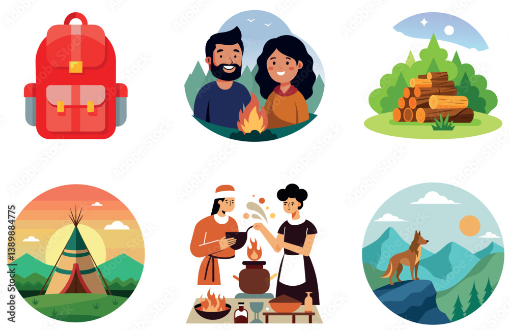 Fototapeta premium Camping Bundle. Dog in Sunglasses Roadtrip Collection Stickers