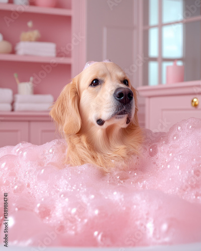 Dog relaxing in a clawfoot tub filled with bubbles, set in a modern pink bathroom with cute