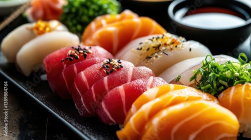 A close-up of fresh sashimi on a black plate, with salmon, tuna, and scallop slices, elegantly arranged and paired with wasabi and soy sauce for dipping.