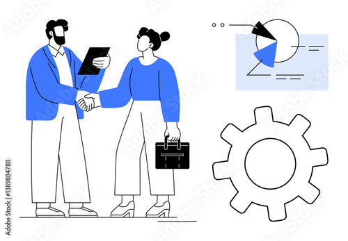 Wallpaper Mural Two people shaking hands, clipboard and briefcase. Gear and data chart symbolize teamwork, success. Ideal for business, teamwork, agreement, partnership, strategy efficiency collaboration flat Torontodigital.ca