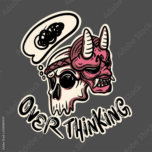 illustration of a skull head wearing an oni mask who is overthinking