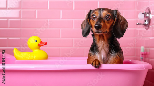 Dog enjoying a spa-like bath experience in a fashionable pink bathroom, complete with a rubber duck