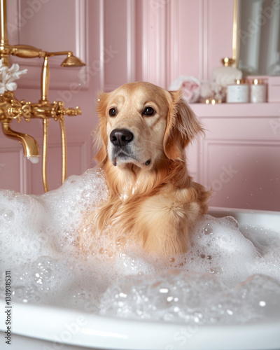 Spa day for a dog in a fancy pink bathroom with warm tones, golden fixtures, and a tub filled with