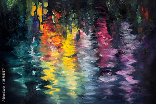 Oil on water with iridescent rainbow reflections, dark surreal background