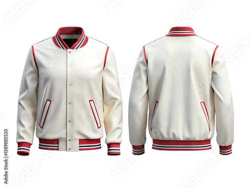 Pair of White and Red Varsity Jackets Front And Back View, Varsity Jackets Mockup, Varsity Jackets isolated, Varsity Jackets transparent background, Varsity Jackets Png