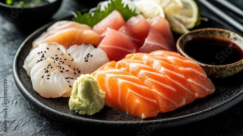 A close-up of fresh sashimi on a black plate, with salmon, tuna, and scallop slices, elegantly arranged and paired with wasabi and soy sauce for dipping.