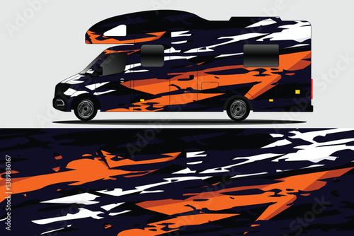 Vibrant and modern camper van design showcasing sleek lines and dynamic patterns against a neutral backdrop
