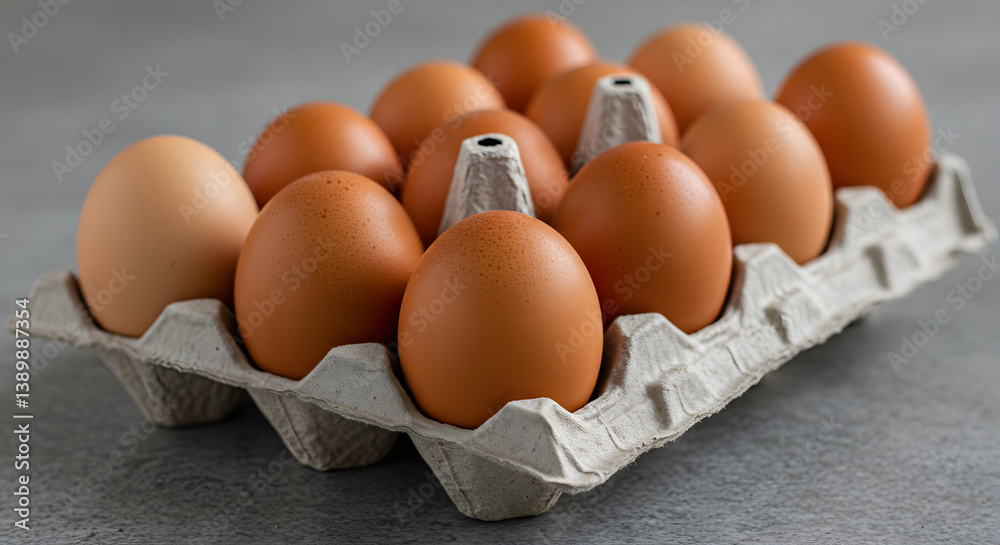 Dozen Brown Eggs in Carton with Natural Light on Gray Surface Dozen Brown Eggs in Carton with Natural Light on Gray Surface