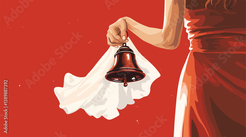 Professional Woman Holding Christmas Bell on Red Background Closeup