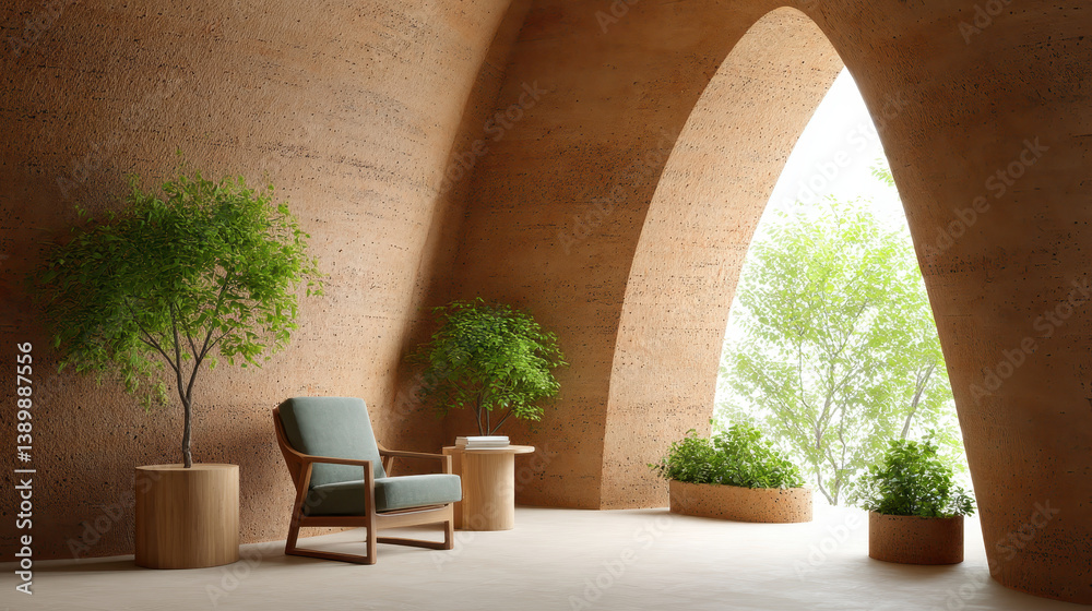Conceptual neuroarchitectural space with curving walls and natural elements promoting emotional and cognitive well-being