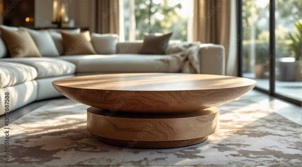 A unique modern wooden table is clearly visible in the foreground, while a comfortable, modern and minimalist living room is faintly visible in the background. A unique modern wooden table is clearly visible in the foreground, while a comfortable, modern and minimalist living room is faintly visible in the background.