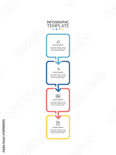 4 Steps elements placed in vertical row. Concept of 4 successive steps of project development process. Flat infographic design template. Simple vector illustration for business analytics.