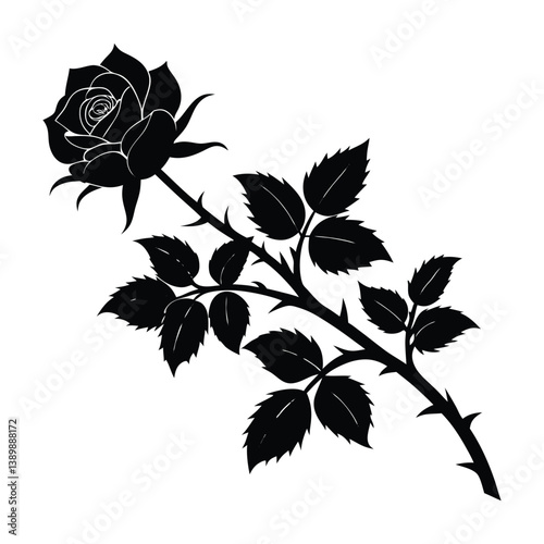 Silhouette of a wild rose branch with thorns and leaves 
