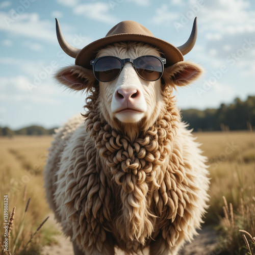 Lustige Herde Schafe posiert lässig und cool mit Sonnenbrillen und Hüten auf der Weide. Ein ungewöhnlicher Moment voller Spaß und Modebewusstsein