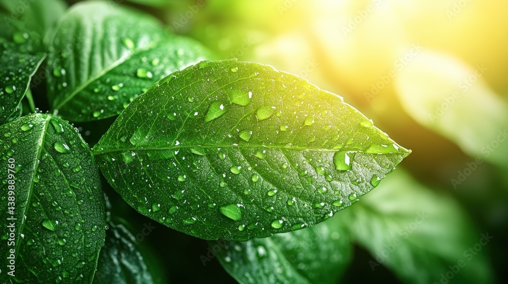Close-up view of vibrant green leaves adorned with glistening water droplets and warmly illuminated by soft sunlight in a natural serene environment Close-up view of vibrant green leaves adorned with glistening water droplets and warmly illuminated by soft sunlight in a natural serene environment