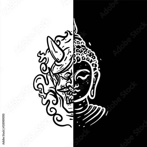 Simple line art illustration of black and white Buddha  statue and Oni mask Japanese 