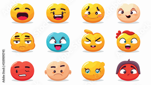 Colorful Emoticon Set Expressing Love, Laughter, Boredom, Confidence, Sleepiness - Vector Illustration