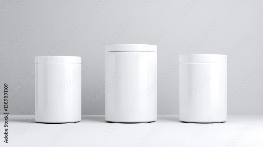 Three blank, white cylindrical containers of different sizes, ideal for product packaging Three blank, white cylindrical containers of different sizes, ideal for product packaging