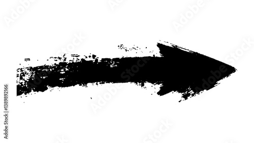 Black arrow marker isolated on a white background. Bold black arrow white background. A dramatic black arrow painted with splashes, symbolizing direction and action isolated on a white background.