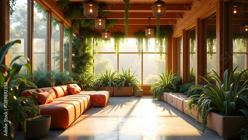 Futuristic Eco Sunroom Pod with Vertical Greenery  Solar Windows  and Cozy Wooden Benches