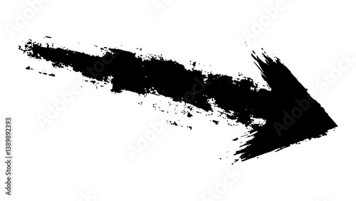 Black arrow marker isolated on a white background. Bold black arrow white background. A dramatic black arrow painted with splashes, symbolizing direction and action isolated on a white background.