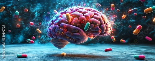 human brain formed from nootropic pills, mental clarity and brain health concept, vibrant colors, intricate design, highquality 8K resolution photo