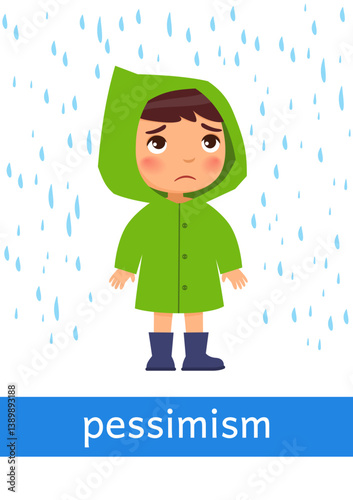 Pessimism - concept of emotion. Little boy in a raincoat looks sadly at the rain.
Learning English language. Children psychology. Cute cartoon character