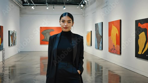 Elegant woman poses confidently in modern art gallery showcasing vibrant abstract paintings in an urban setting