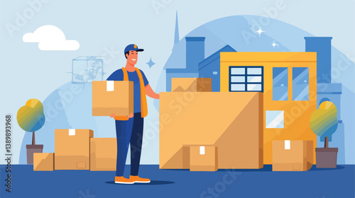 Professional Delivery Man Holding Box and Clipboard on Colorful Background