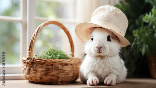 Cute White Rabbit in a Hat and Wicker Basket for Easter Celebrations