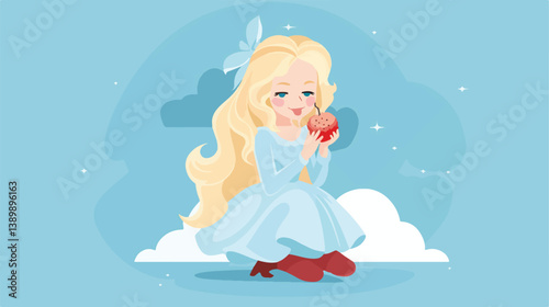 Smiling princess in a baby blue dress enjoying a large ice cream - Vector Illustration