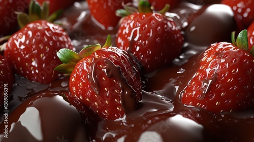 A close-up of strawberries coated in glossy chocolate sauce, placed on a solid color background with a smooth finish, highlighting the fruit natural shine.
