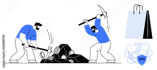 Two men use pickaxes to mine rocks containing cryptocurrency icons, joined by shopping bag and VPN shield visuals. Ideal for mining, digital assets, e-commerce, cybersecurity, technology, finance
