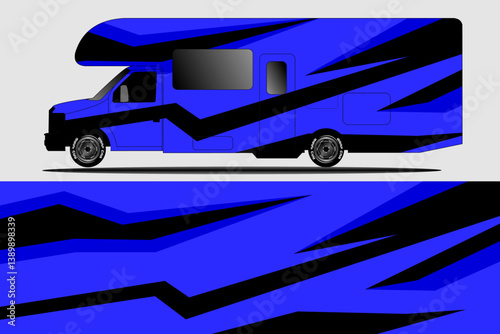 Vibrant blue and black patterned RV design showcasing a side view against a neutral background